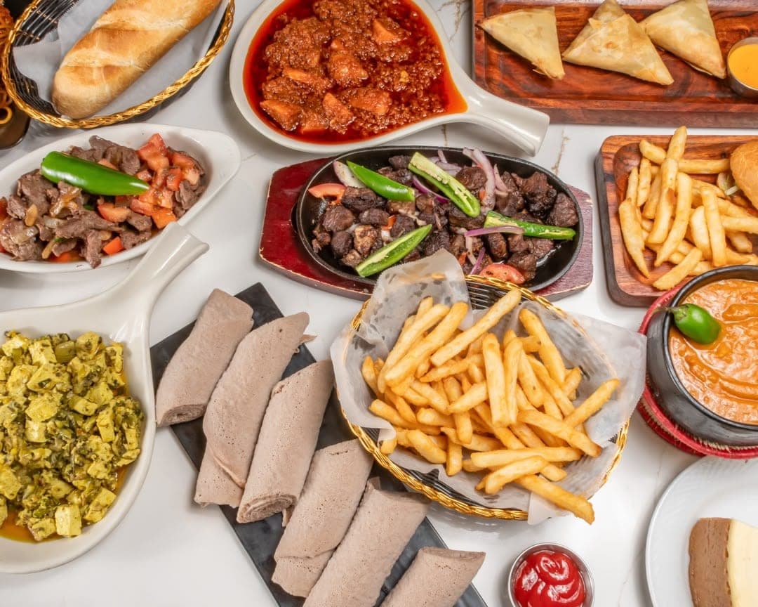 Ethiopian and Eritrean meat and vegetable platter served on injera at Eri Star Cafe Silver Spring