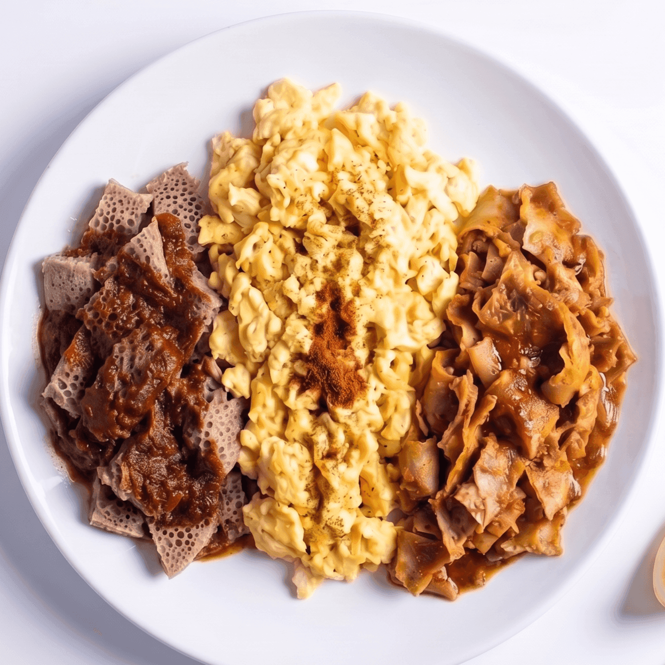 Combo Delight breakfast platter — eggs, firfir, and chechebsa on injera